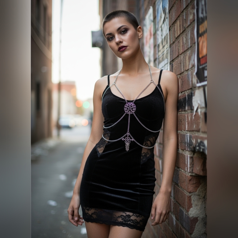 Gothic Pentagram Body Chain Harness | Stainless Steel Chain Top | Dark Aesthetic